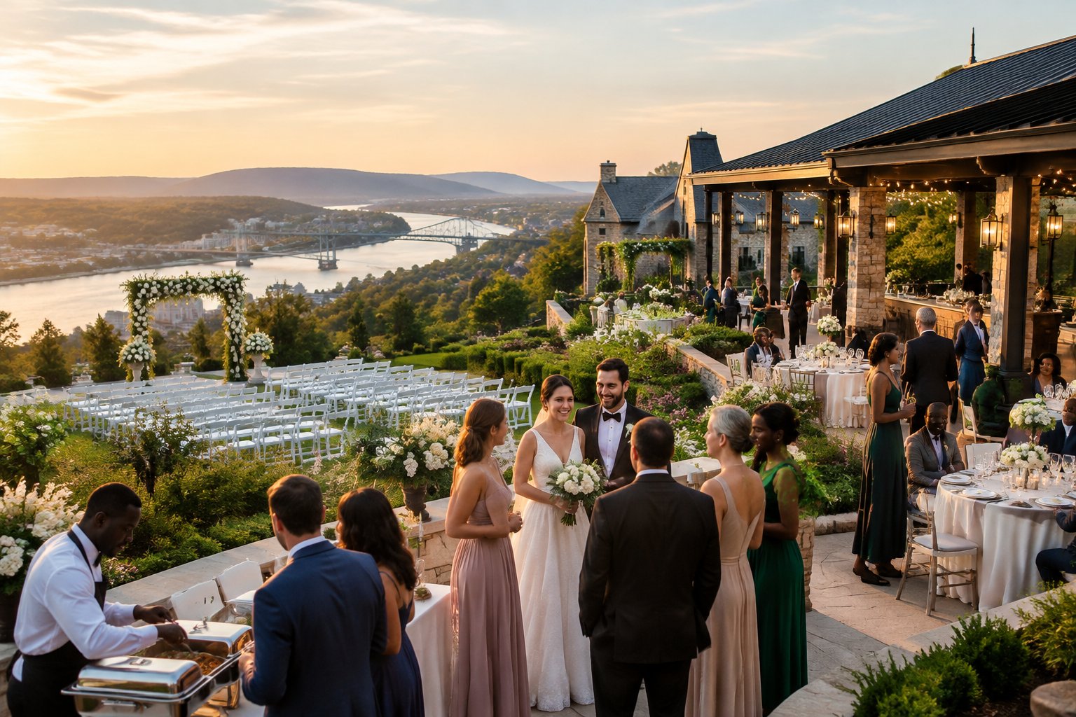 A bride and groom celebrate with guests at an elegant Chattanooga wedding venue overlooking a river and mountain landscape.
