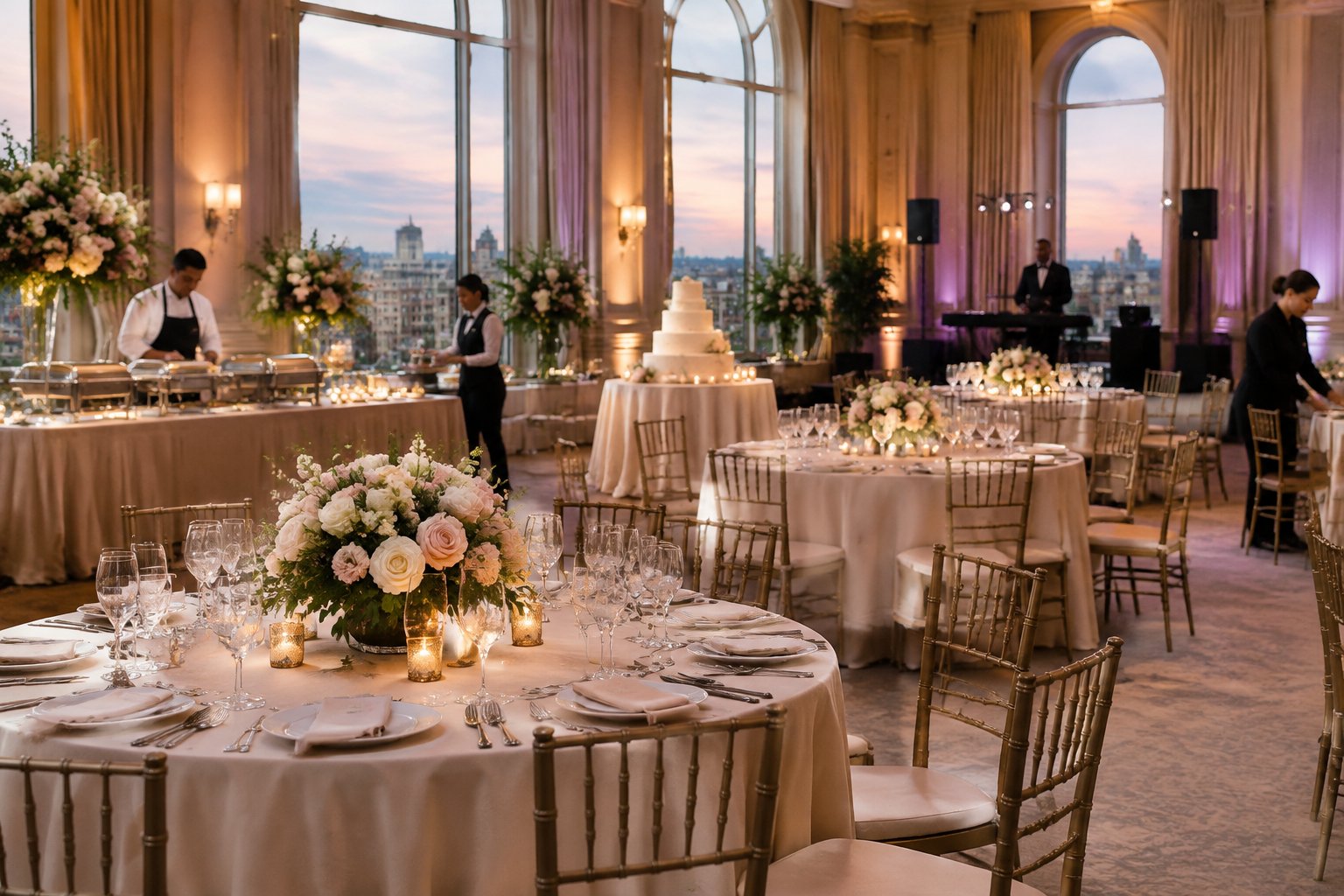Elegant Washington, DC wedding reception venue prepared with decorated tables, catering, a cake, and event staff.