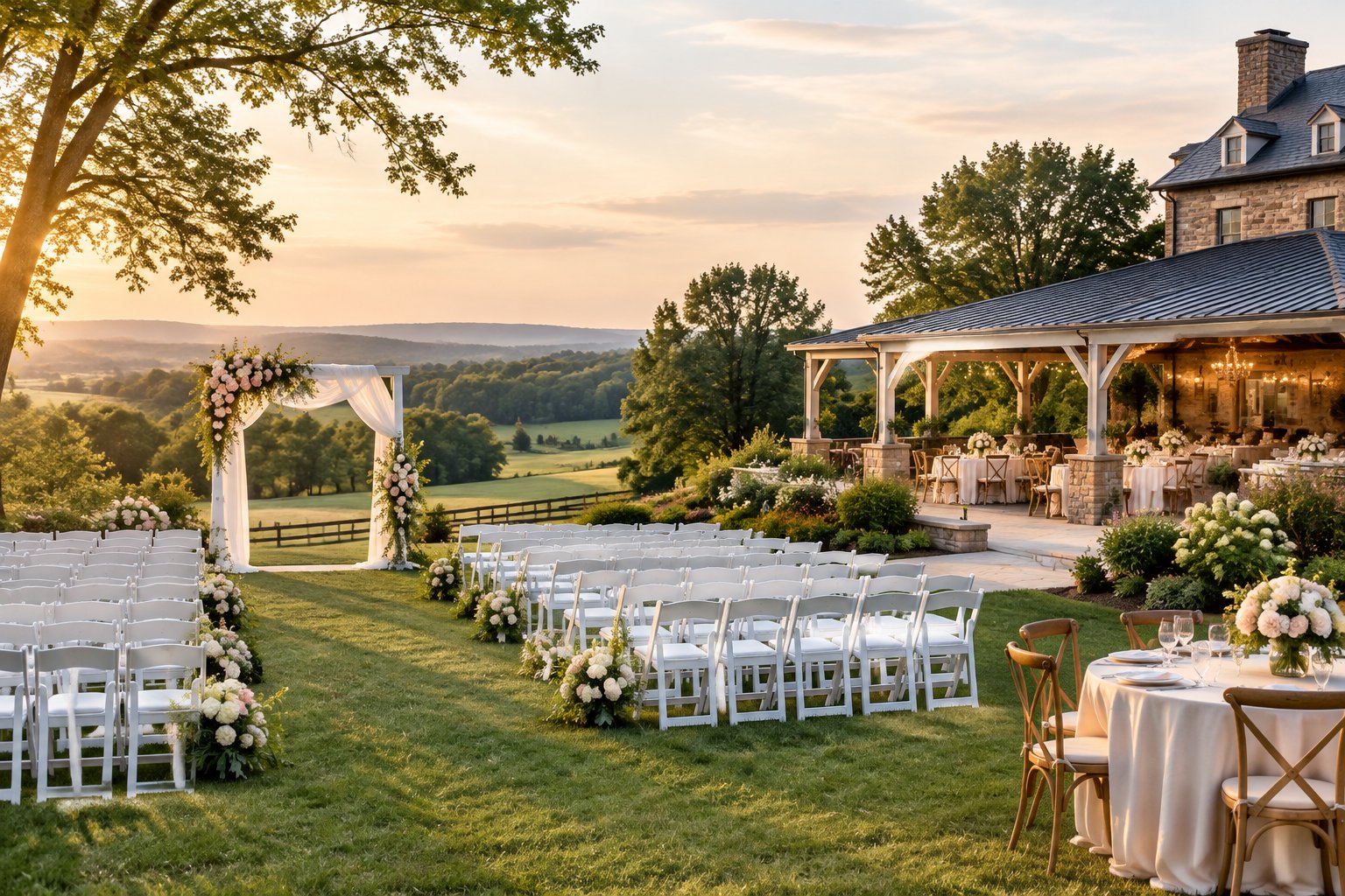Elegant outdoor wedding venue with a floral arch, white chairs, landscaped gardens, and a reception building in the countryside.