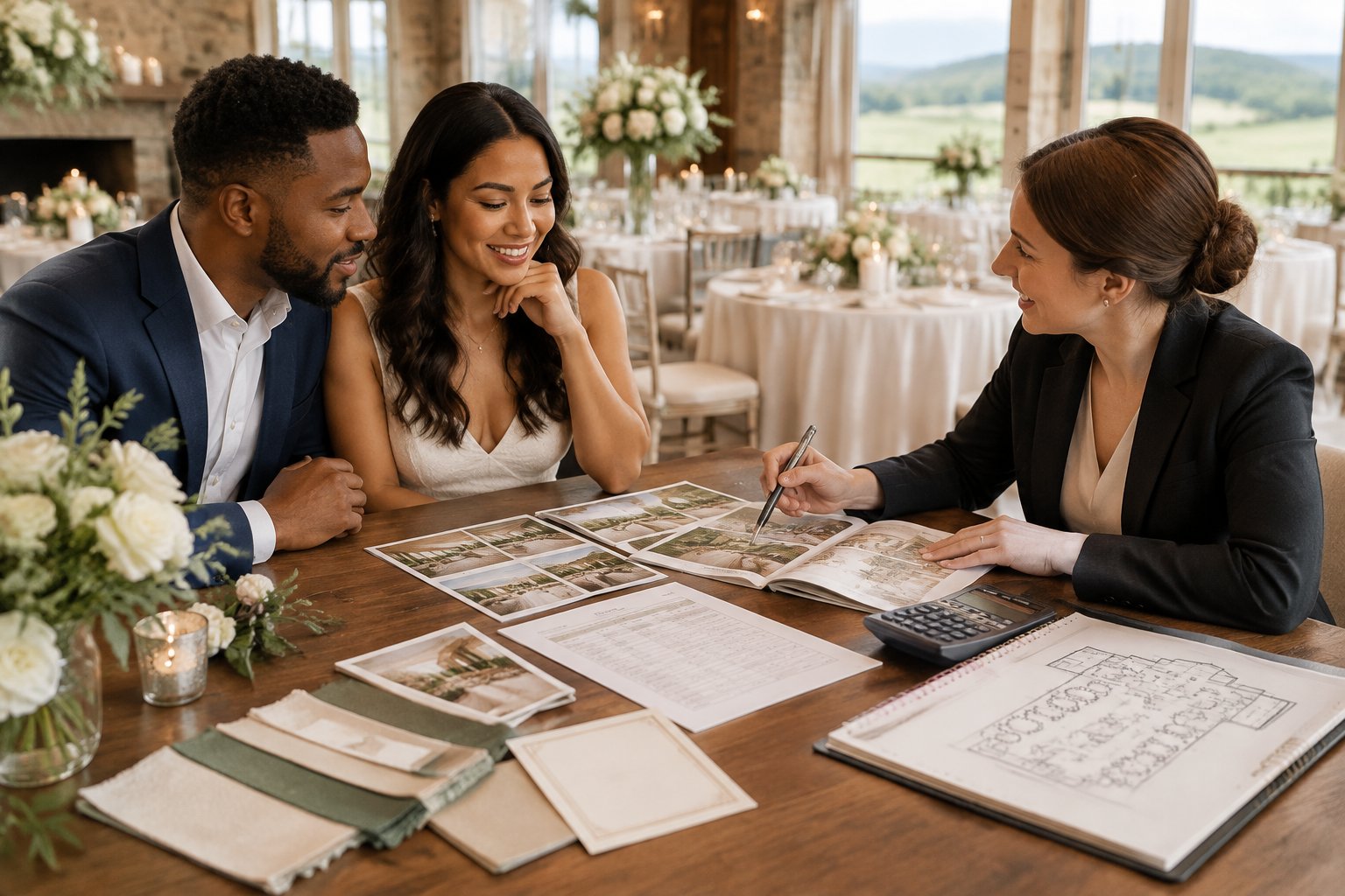 A couple reviews wedding package materials and a budget worksheet with a coordinator at an elegant reception venue.
