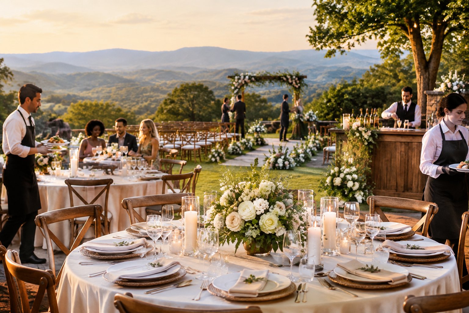 An elegant Chattanooga wedding venue reception with decorated tables, a floral ceremony arch, catering staff, and guests.