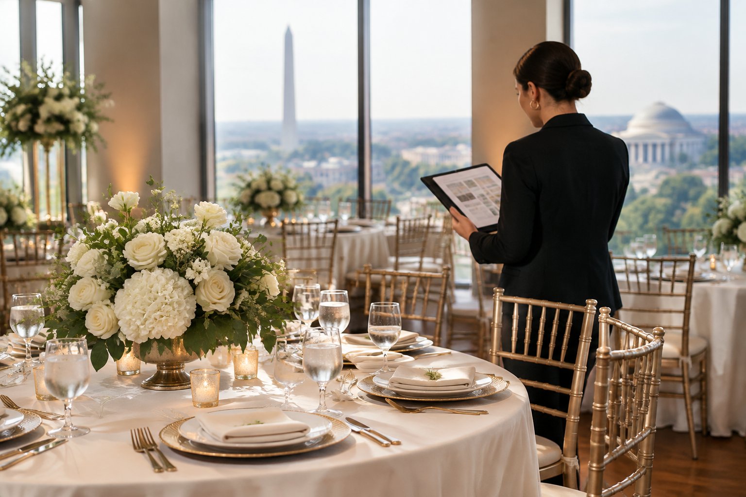 An elegant wedding reception venue with a decorated table and a coordinator reviewing event planning materials.
