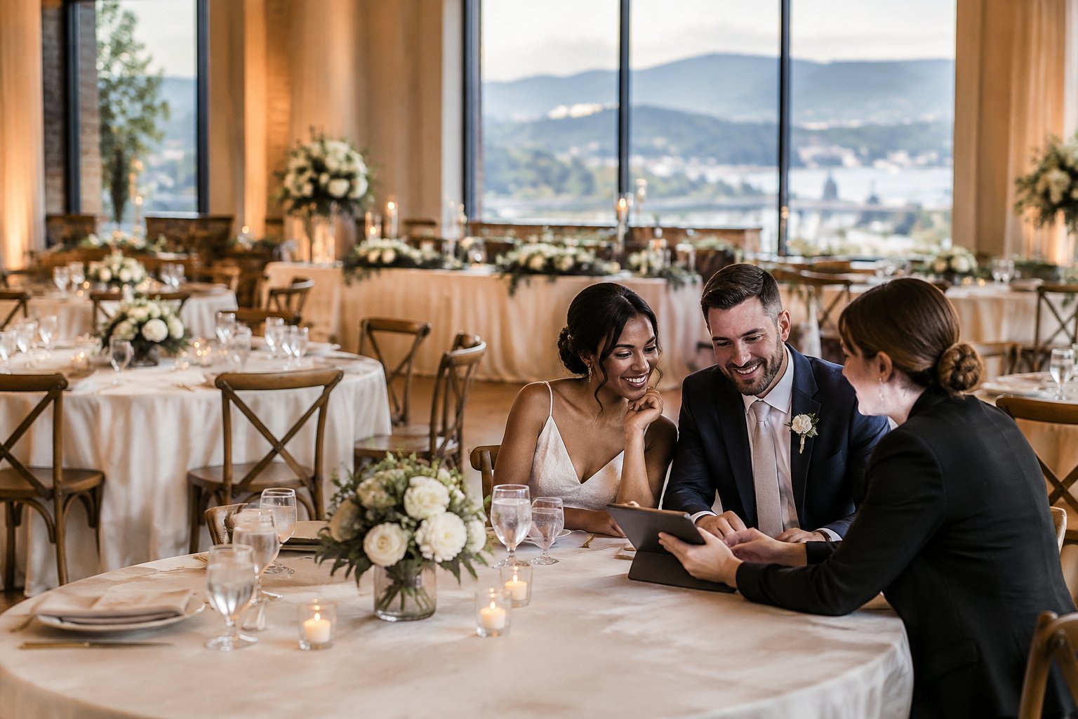 A couple reviews wedding venue options with a coordinator in an elegantly arranged reception space.