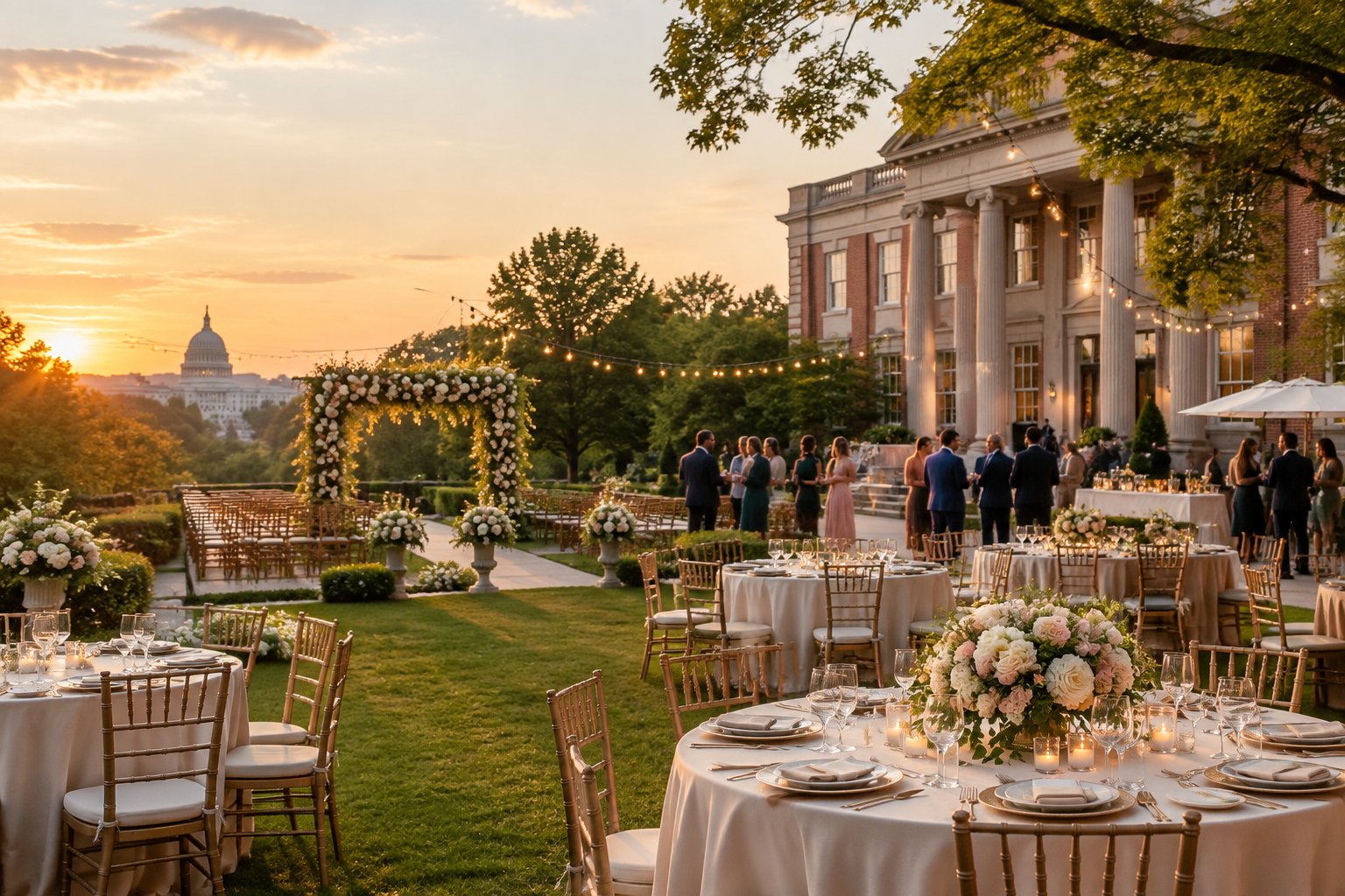 An elegant outdoor wedding reception beside a historic building with decorated tables, flowers, and guests.