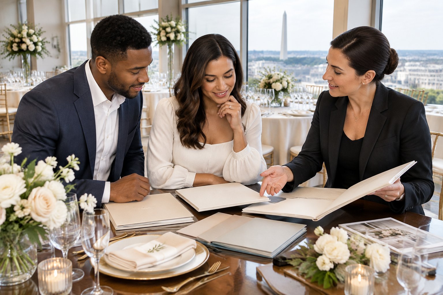 A couple compares wedding venue options with a coordinator at an elegant reception venue overlooking Washington, DC.