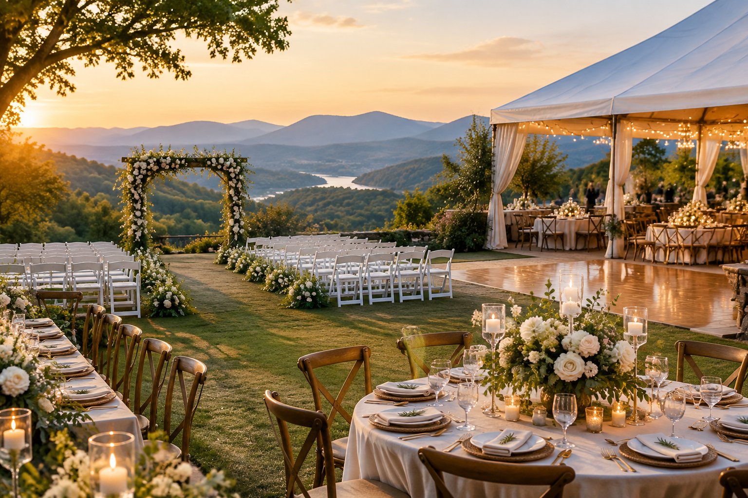 Elegant outdoor wedding venue with floral decorations, arranged reception tables, and wooded mountain scenery.