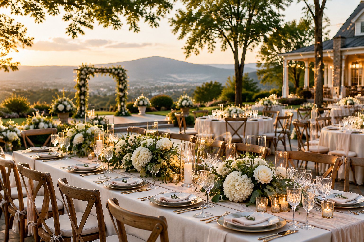 Elegant wedding reception setup at a landscaped venue with floral centerpieces and distant wooded hills.
