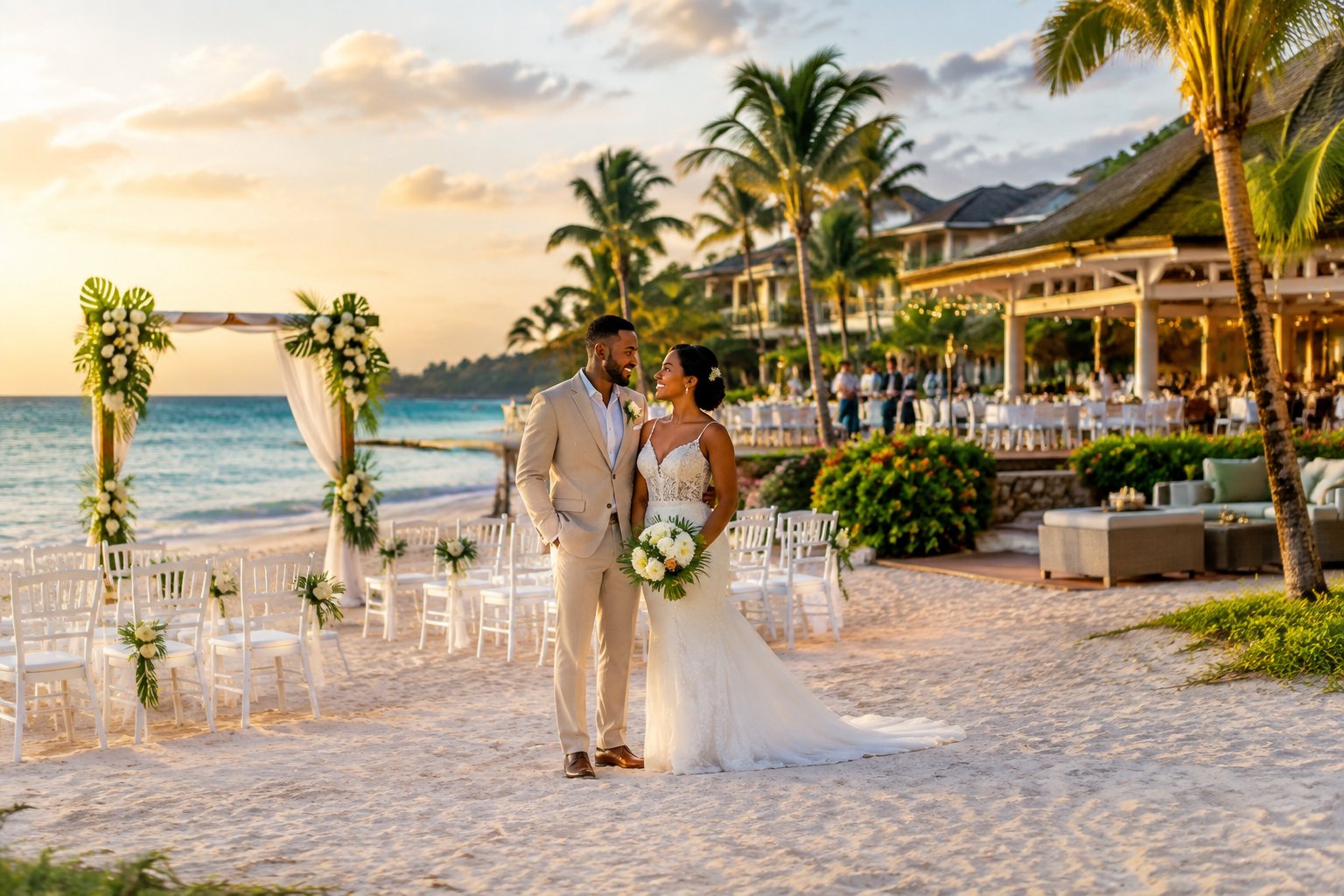 Bride and groom standing beside a decorated beach wedding arch at a Jamaican resort.