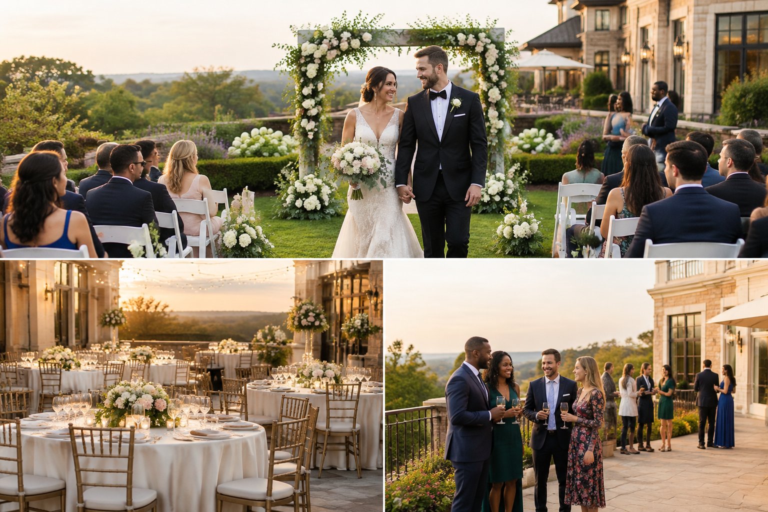 Newlyweds and guests gather at an elegant outdoor wedding venue with decorated tables and a floral ceremony arch.