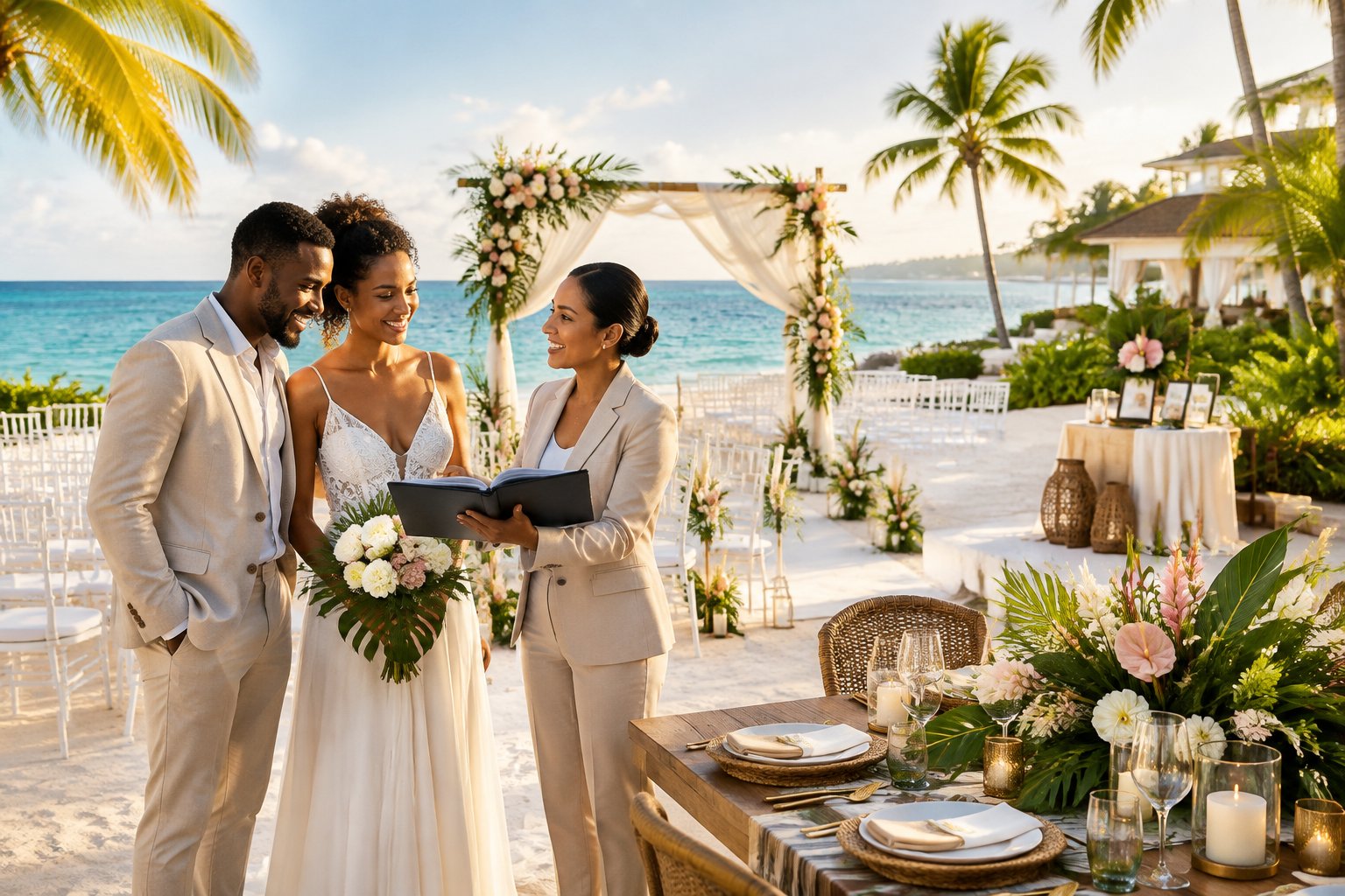 A couple consults with a wedding coordinator beside an elegant beachfront ceremony and reception setup at a Jamaican resort.