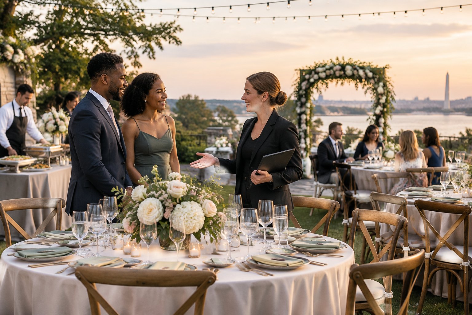 A couple and venue coordinator interact beside an elegantly prepared wedding reception at an outdoor venue.