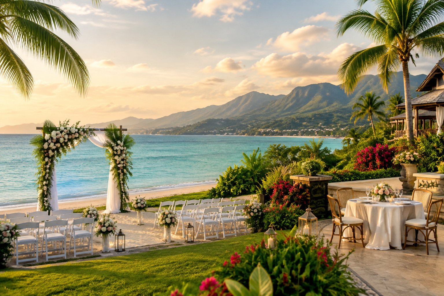 Elegant Jamaican beach resort wedding setting with tropical gardens, mountains, and turquoise sea.