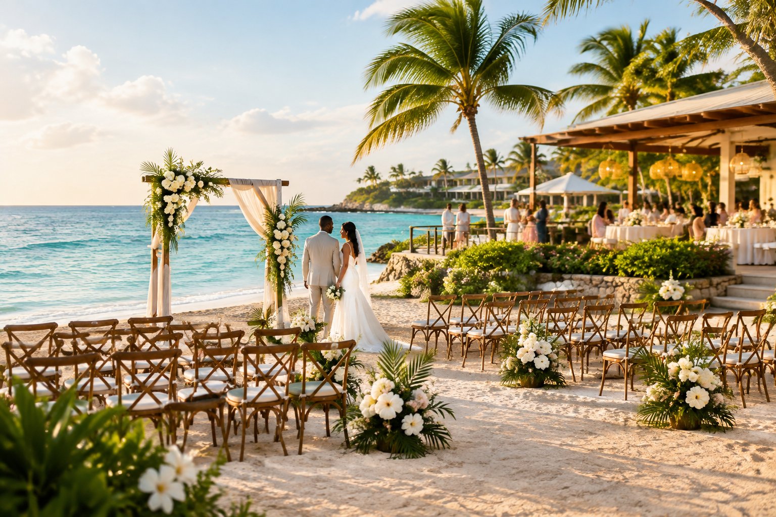 A wedding ceremony setup at a tropical Jamaican beachfront resort.