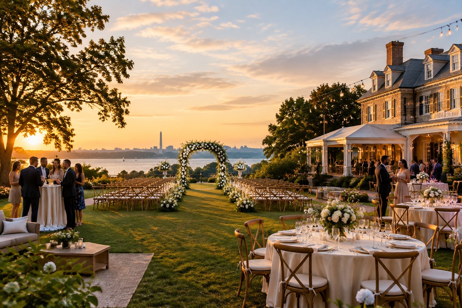 An elegant outdoor wedding venue with a floral ceremony arch, decorated reception tables, and landscaped grounds.