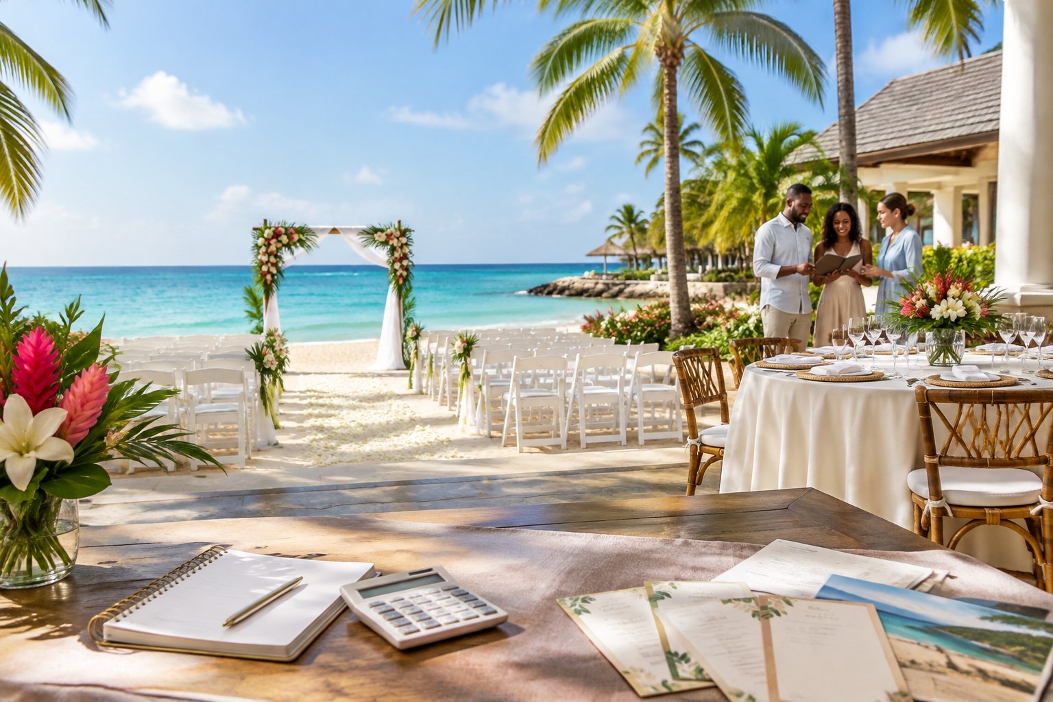 A tropical resort wedding ceremony setup beside the turquoise sea, with wedding planning materials on a nearby table.