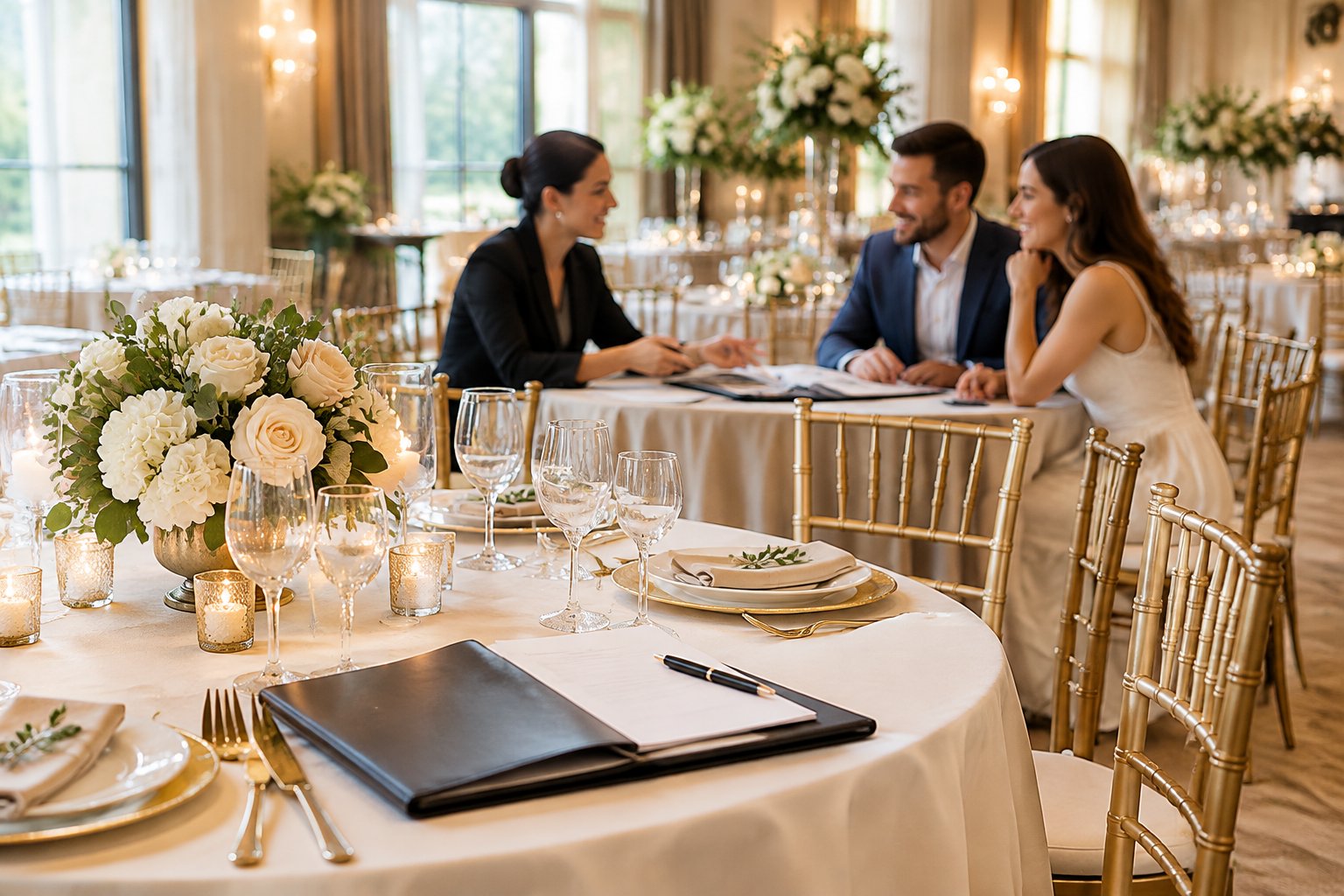 A couple discusses wedding package options with a venue coordinator beside a beautifully set reception table.