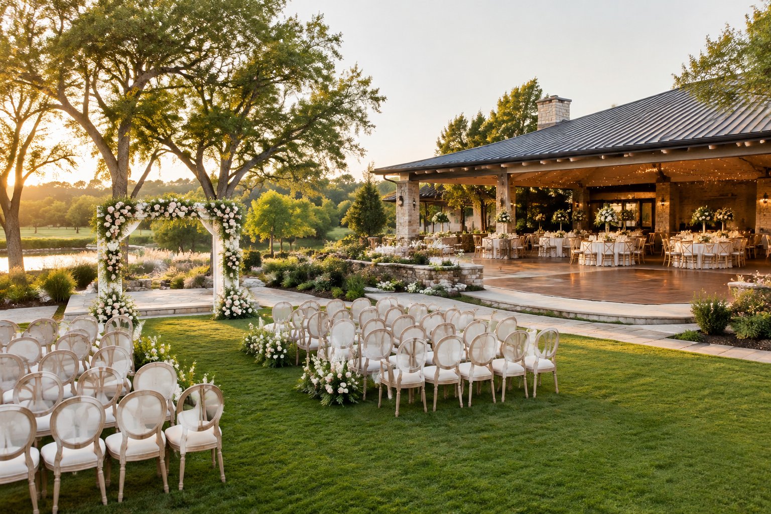 Elegant wedding venue with a floral ceremony arbor, decorated reception tables, manicured grounds, and warm string lights.