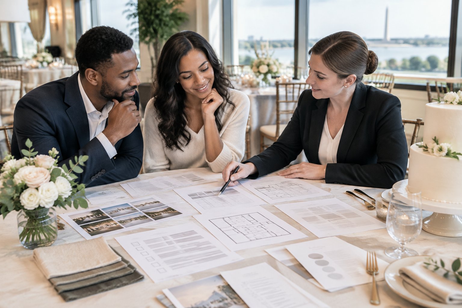 An engaged couple and wedding planner compare venue proposals and reception details at a table in an elegant wedding venue.