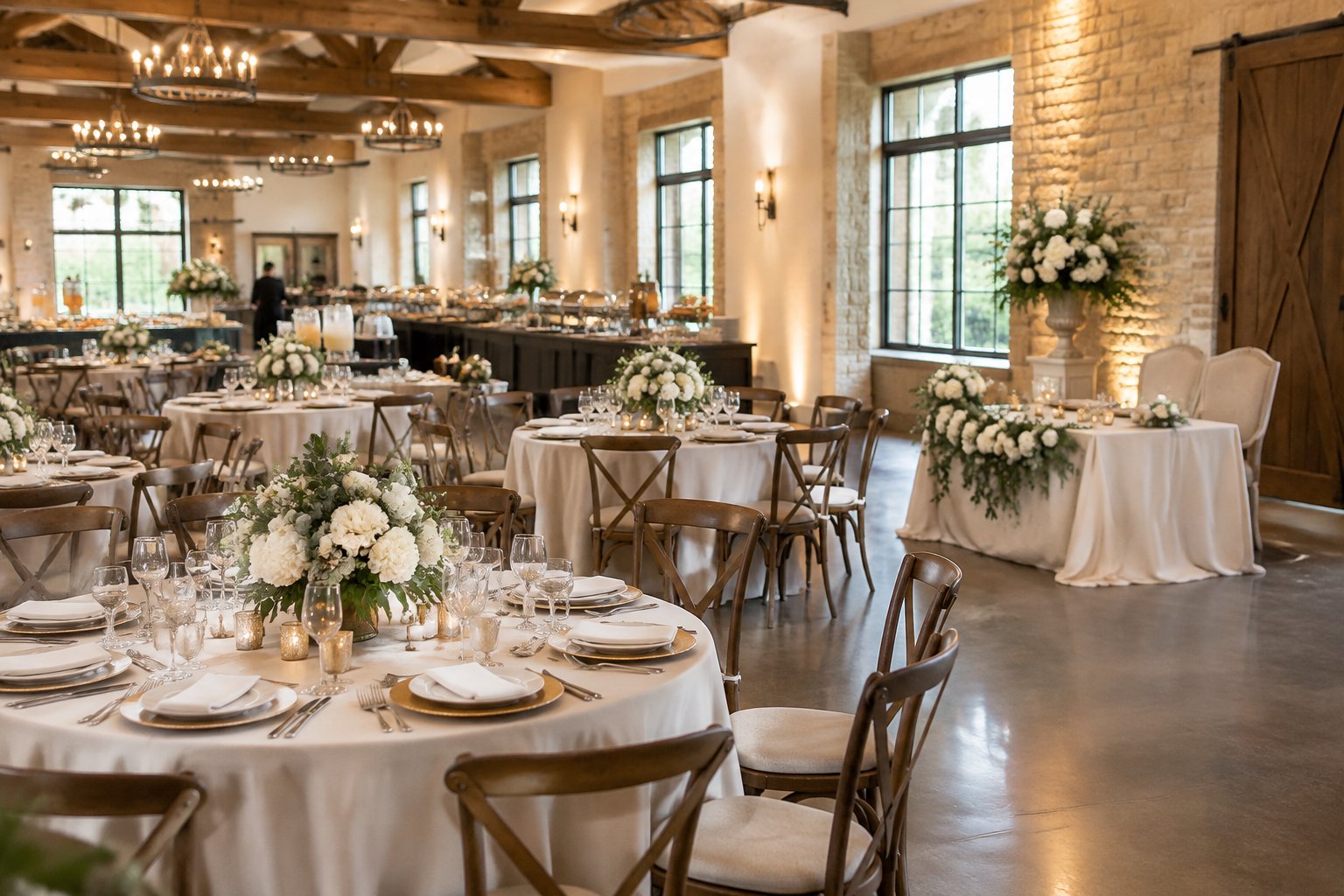 An elegant wedding reception venue with decorated tables, floral centerpieces, and a catered buffet station.