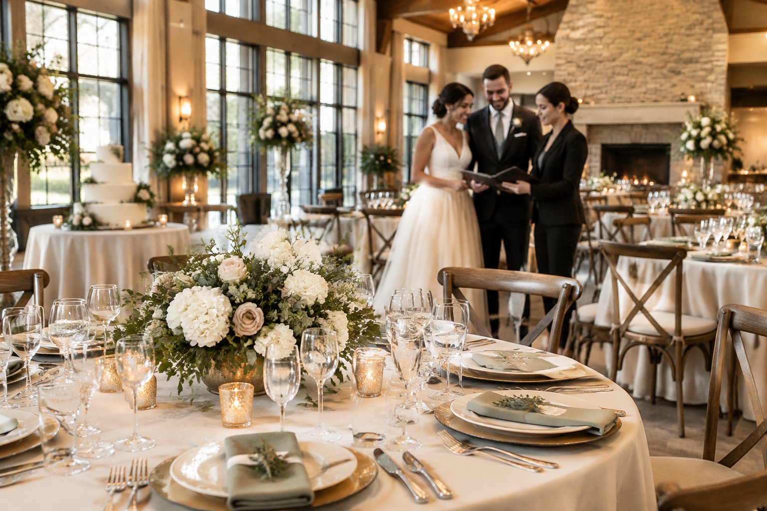A couple and event coordinator review details beside a beautifully set wedding reception table in an elegant venue.