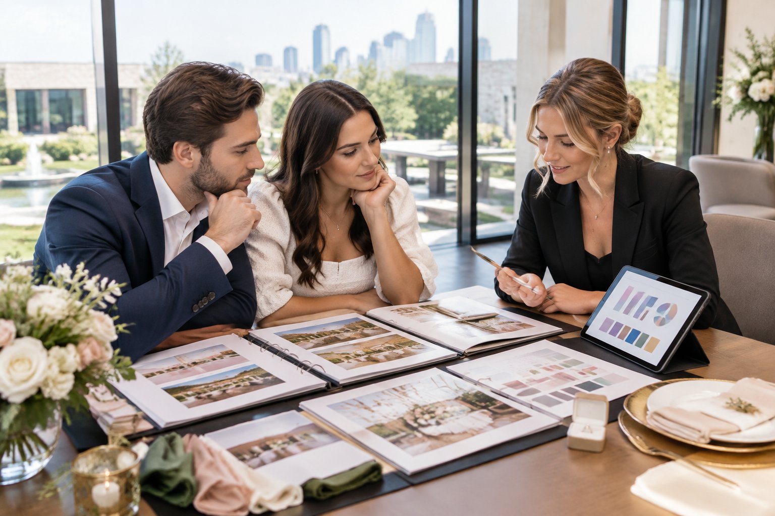 A couple compares wedding venue packages with a planner at a consultation table.
