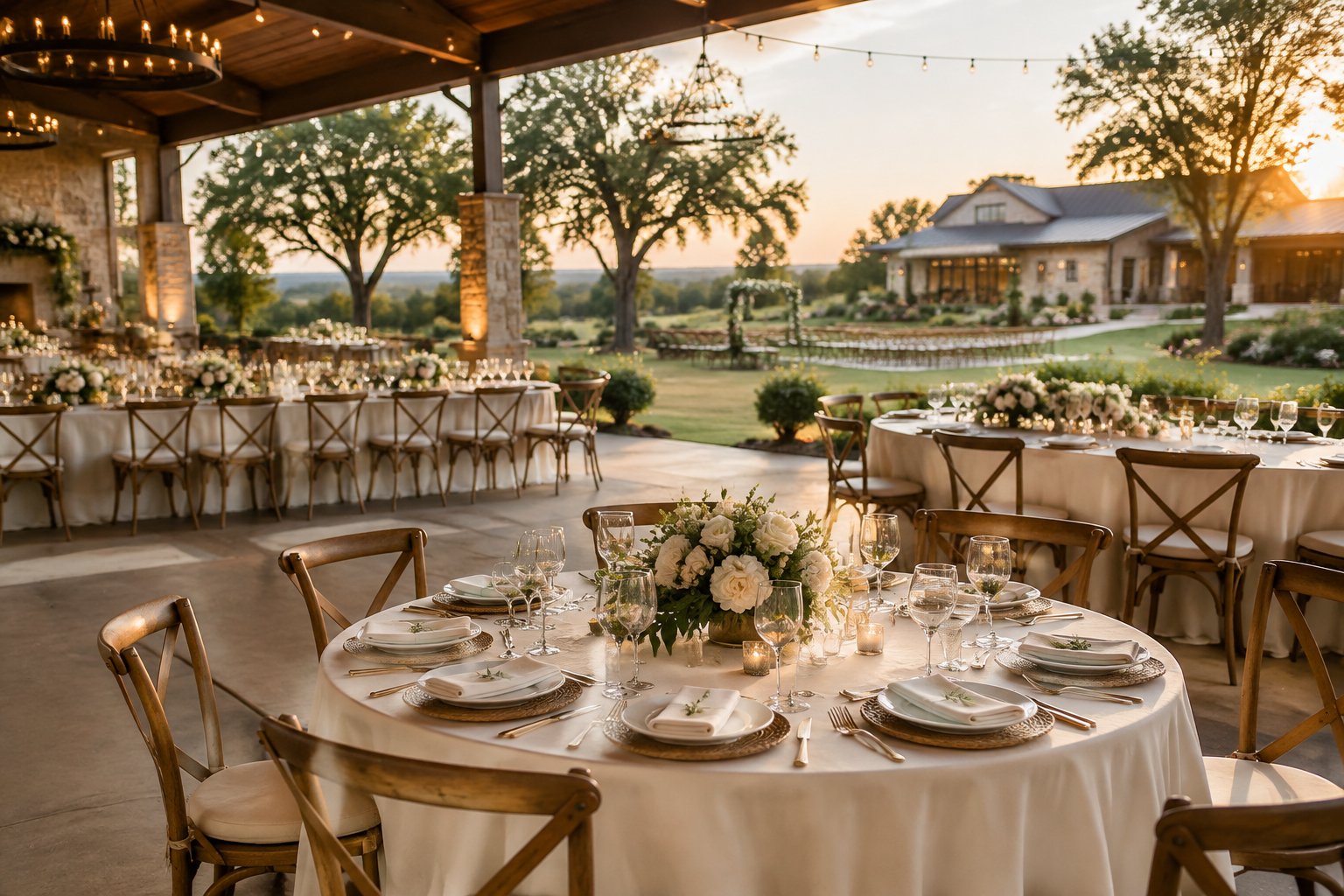 An elegant outdoor wedding reception set up at a landscaped venue with decorated tables and warm lighting.