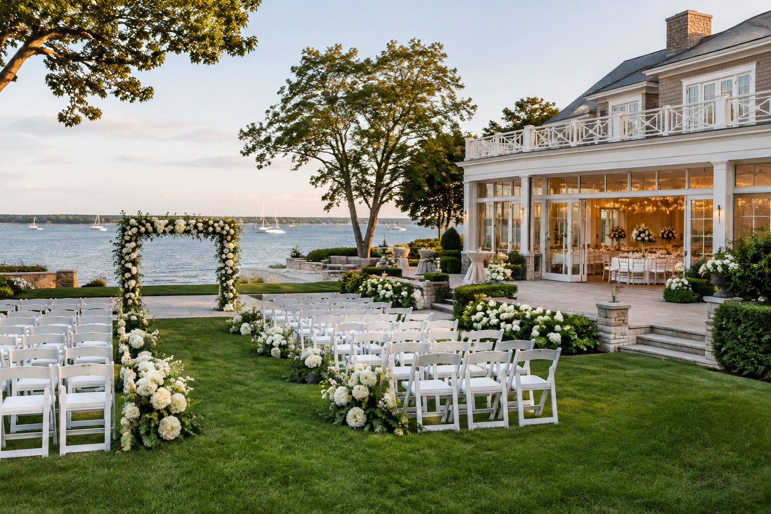 Elegant Long Island waterfront wedding venue with garden ceremony seating and a decorated reception space.