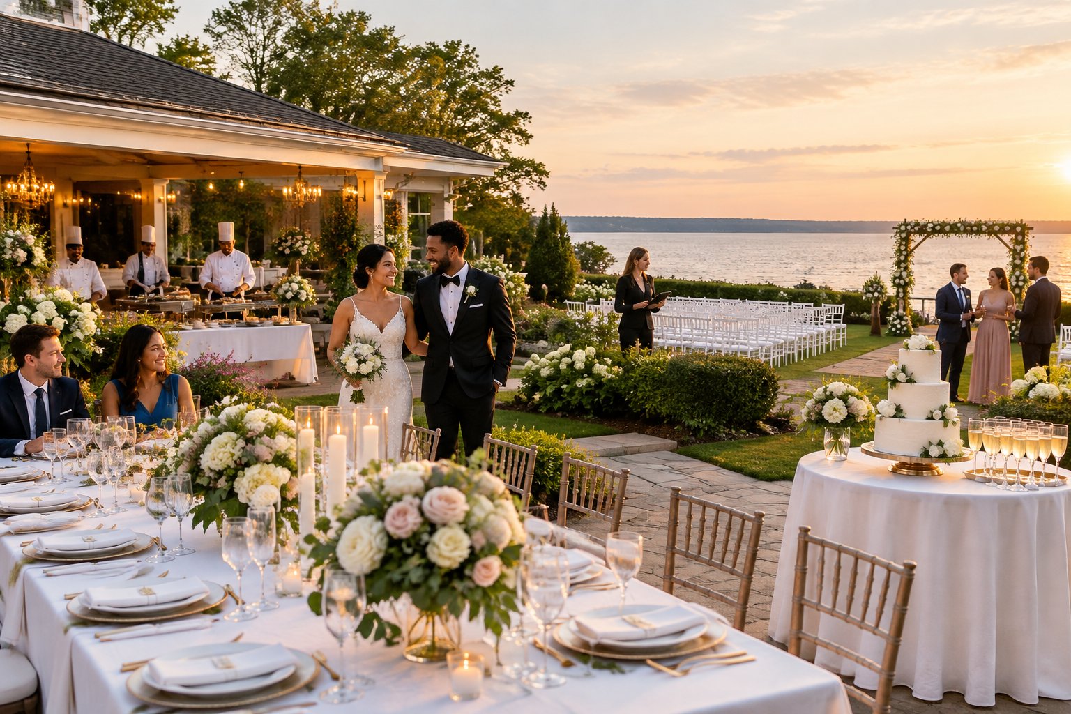 A couple and guests enjoy an elegantly prepared wedding reception at a landscaped waterfront venue.