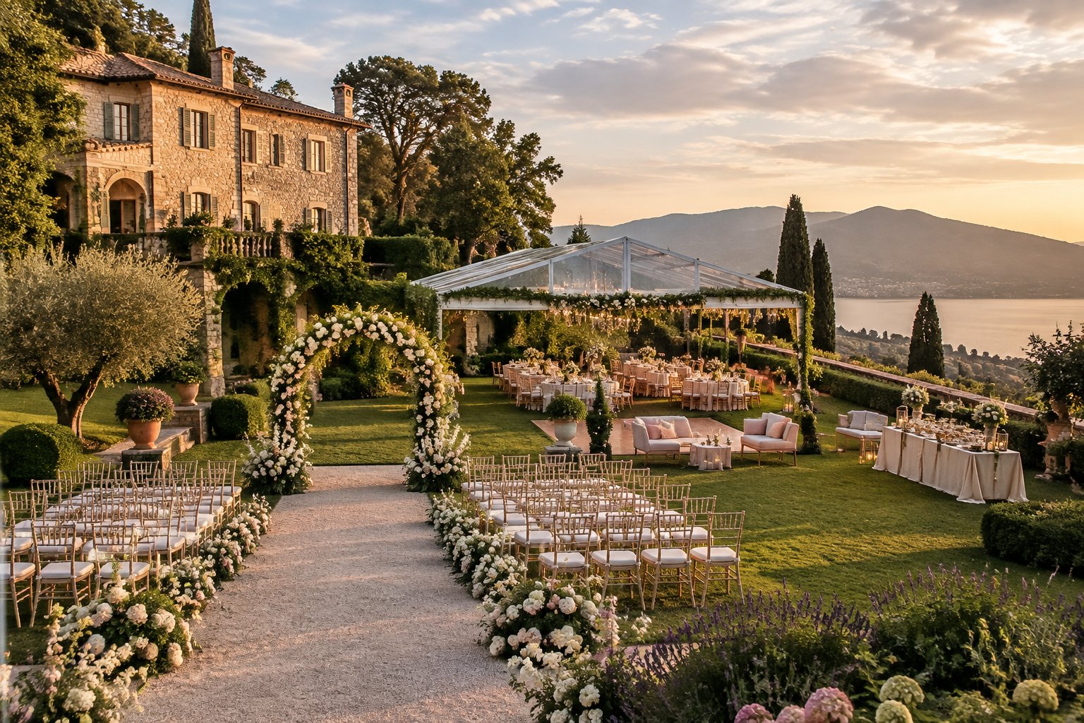 An elegant outdoor wedding venue at a European estate with a floral ceremony arch, decorated reception tables, and manicured gardens.