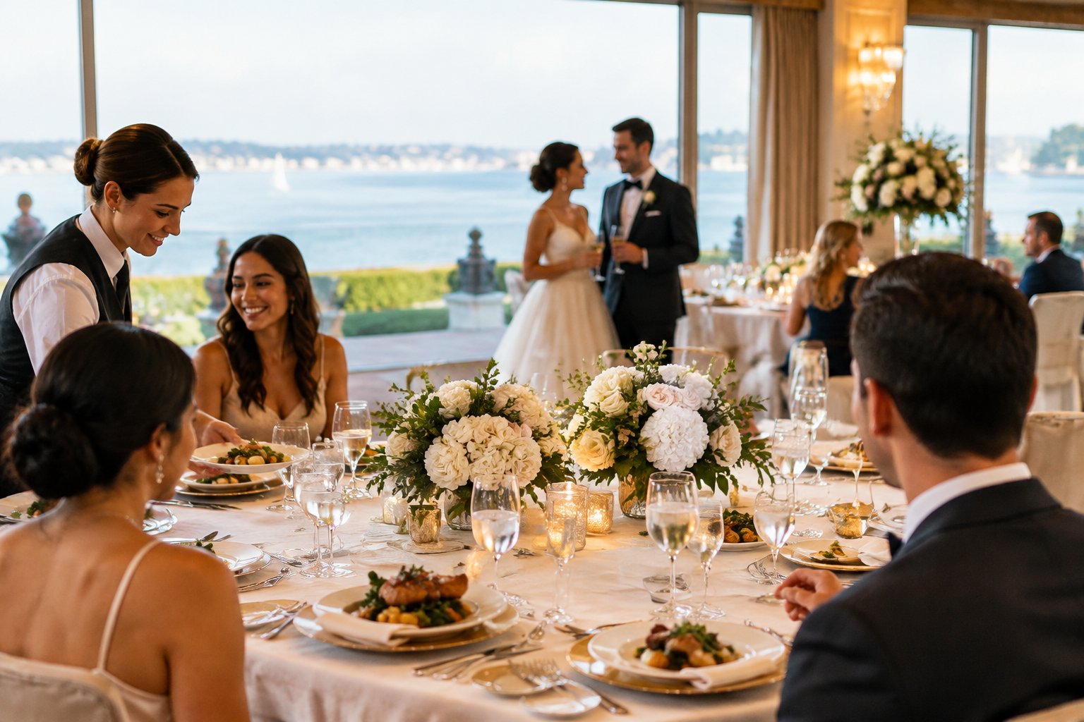 An elegant wedding reception with a decorated banquet table, guests, and a newlywed couple at a refined venue.