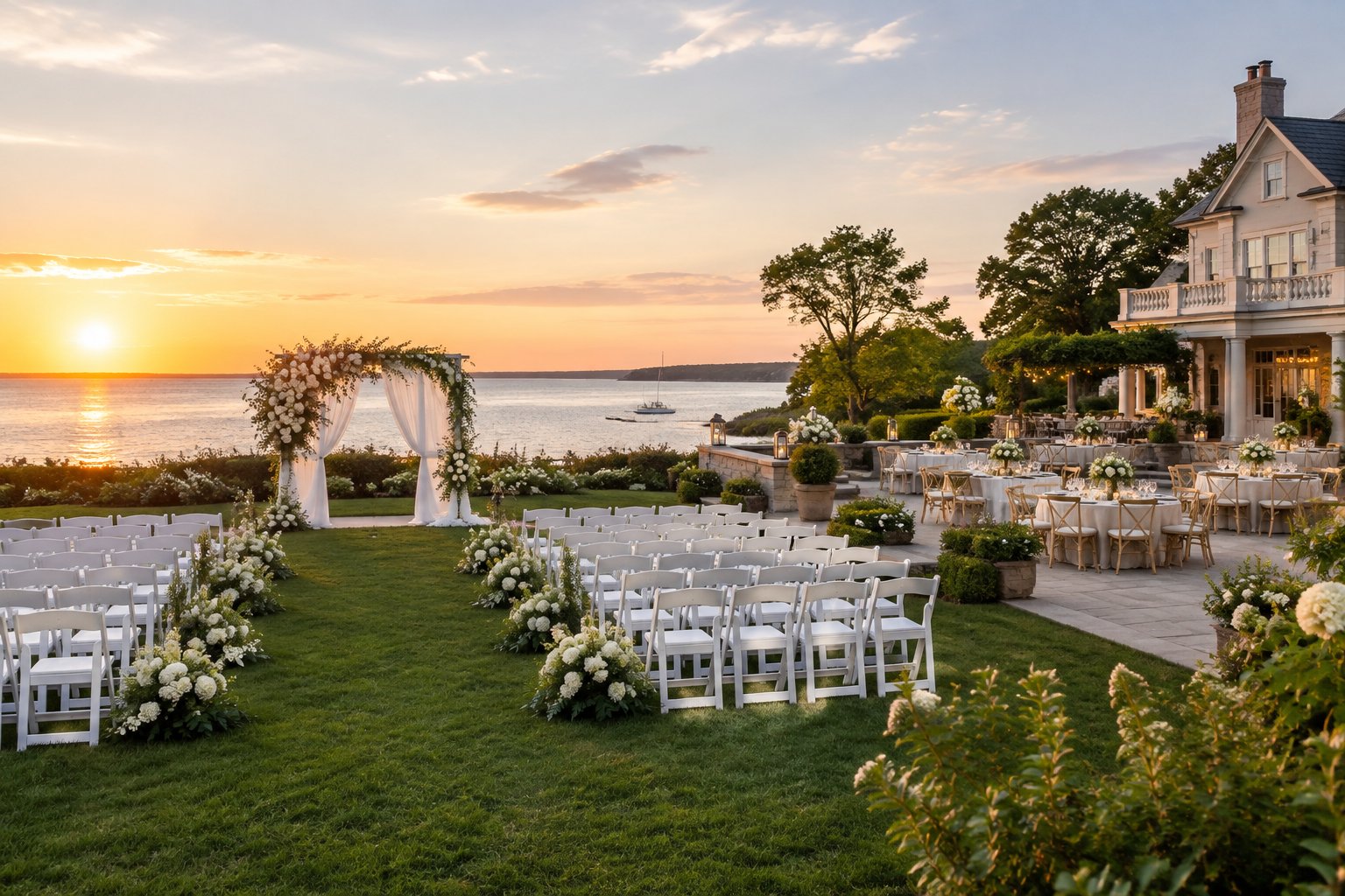 Elegant outdoor wedding ceremony and reception setup at a coastal Long Island estate.