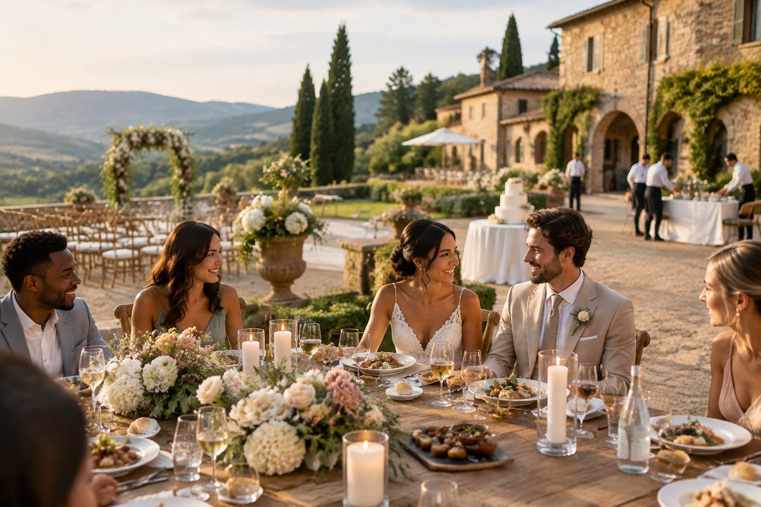 A newlywed couple and guests enjoy a fully catered wedding reception at an elegant European countryside venue.