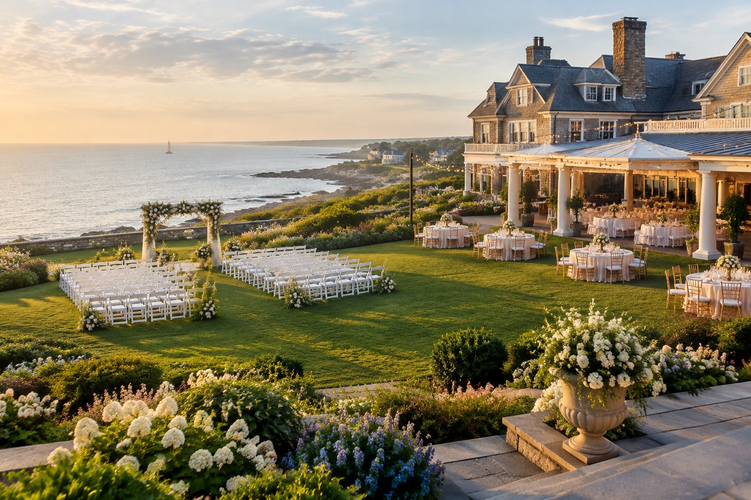 An elegant coastal wedding venue with landscaped gardens, a ceremony arbor, decorated reception tables, and the ocean in the background.