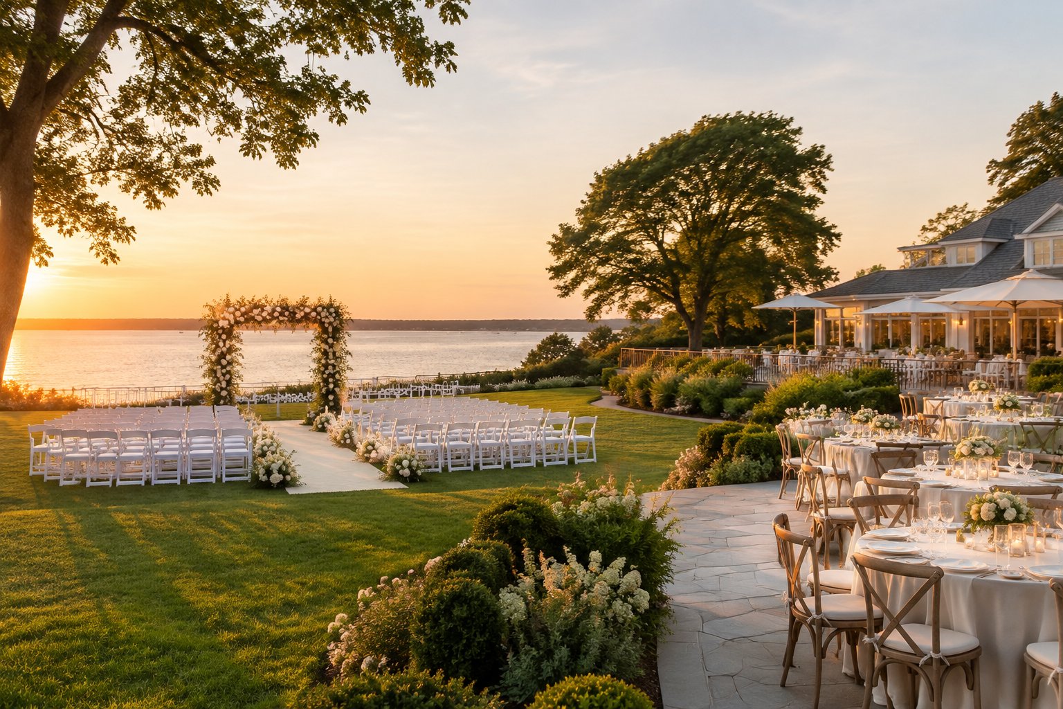Elegant Long Island wedding venue with a garden ceremony area and reception tables on a terrace.
