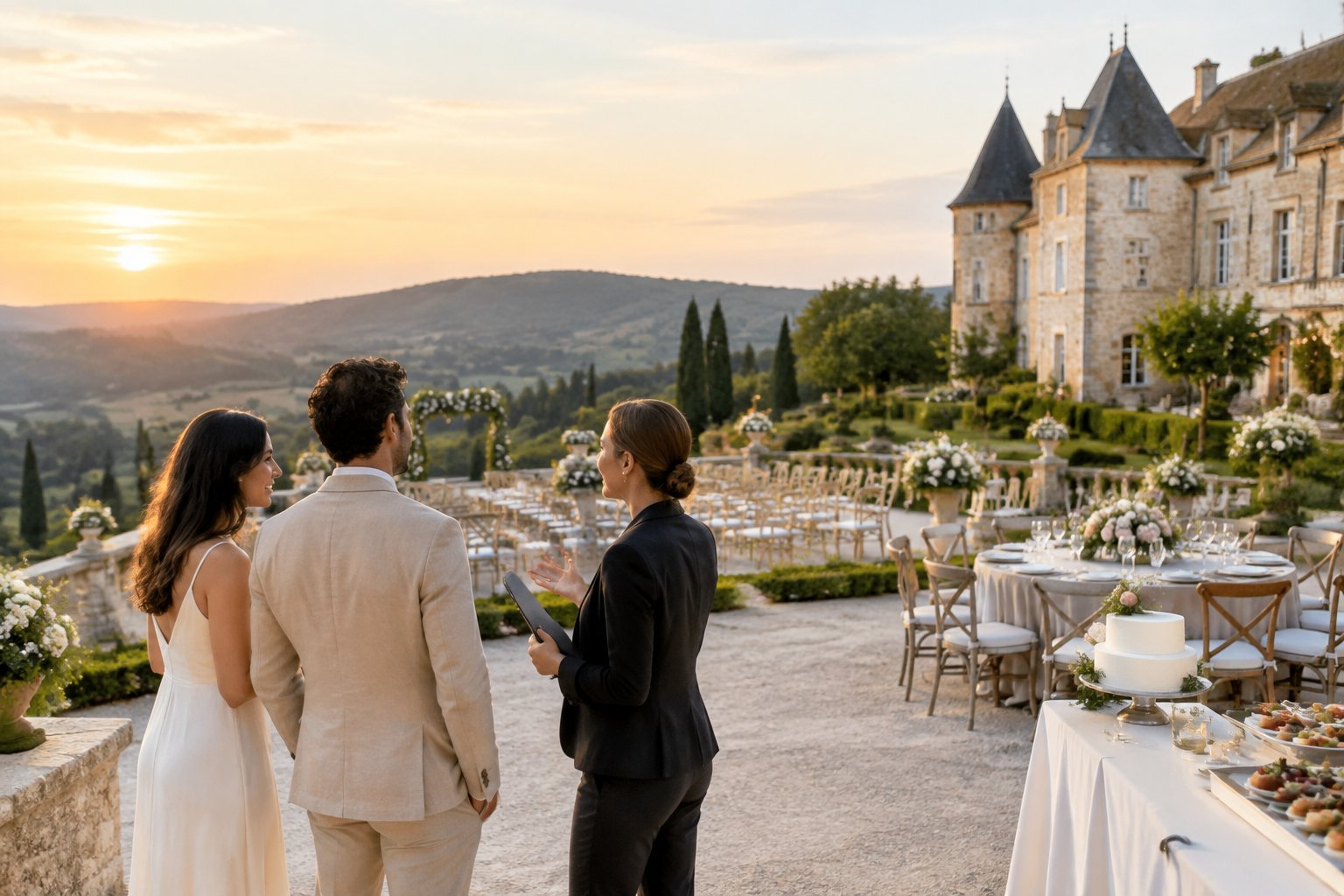 An engaged couple tours an elegant European wedding venue with a coordinator, overlooking manicured gardens and a reception setup.