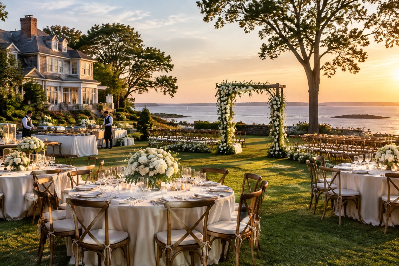 Elegant outdoor wedding reception at a coastal venue with decorated tables, floral arrangements, and catering staff.