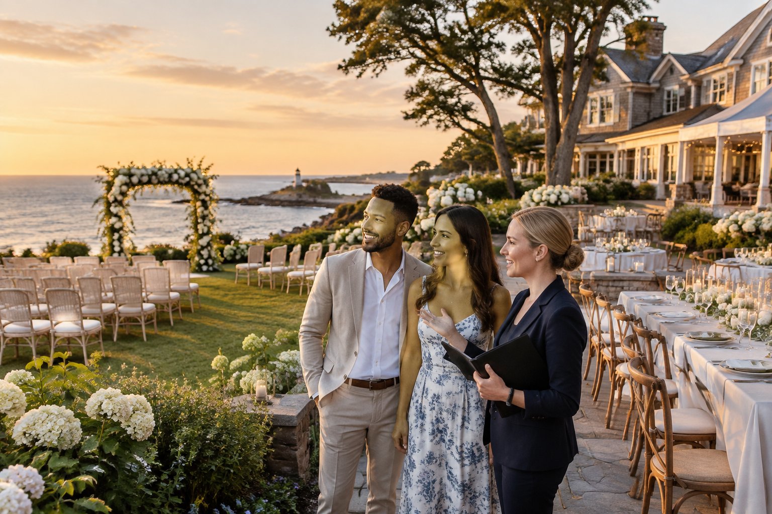 A couple tours an elegant coastal wedding venue with a coordinator beside a decorated ceremony and reception area.