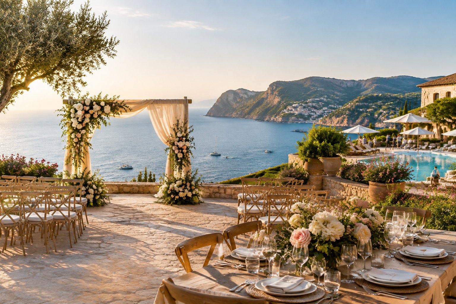 Elegant outdoor wedding ceremony and reception setup at a European coastal resort.