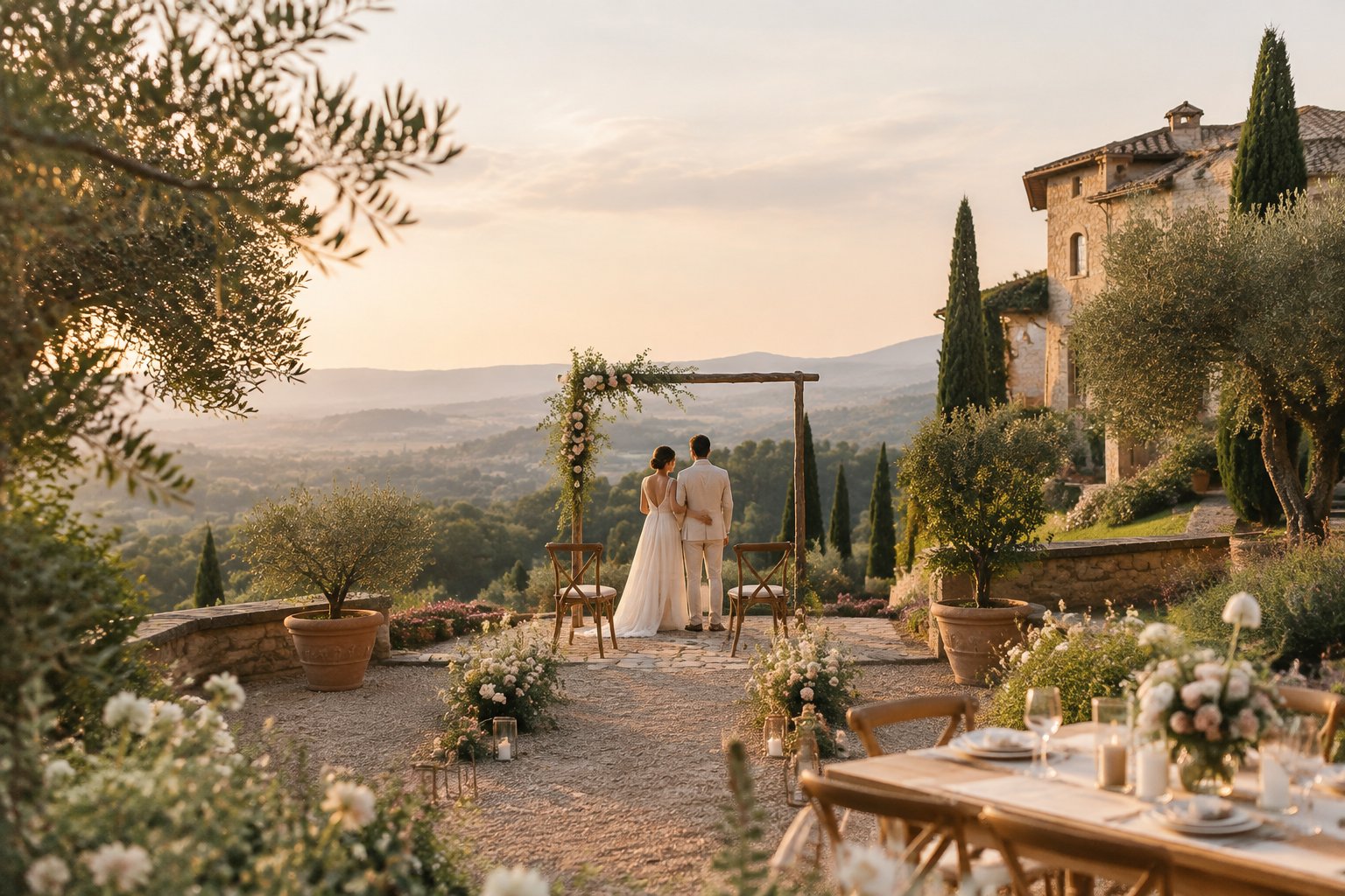 An intimate outdoor wedding ceremony at a European countryside estate with floral decorations, elegant seating, and a scenic garden landscape.