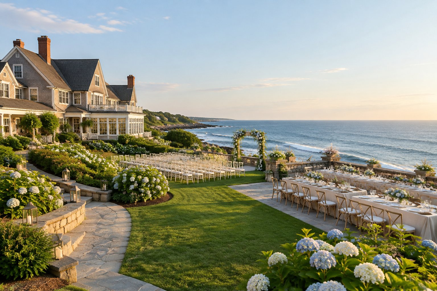 An elegant coastal wedding venue on a New England estate overlooking the ocean.