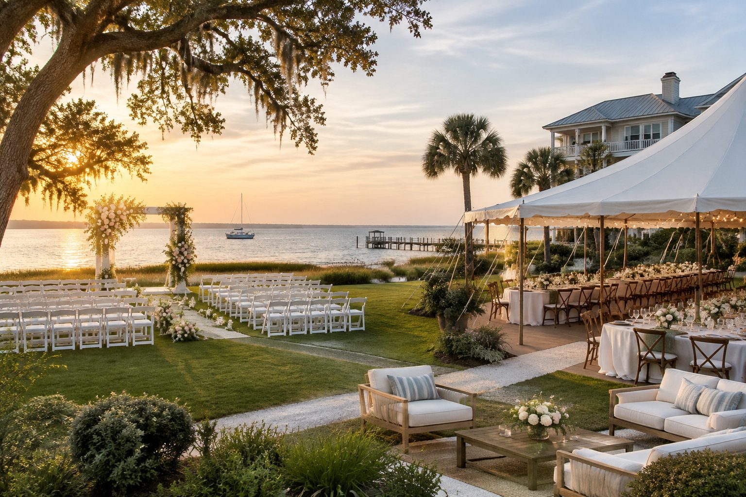 Elegant waterfront wedding venue with a flower-covered ceremony arch, white chairs, and a tented reception beside calm coastal water.