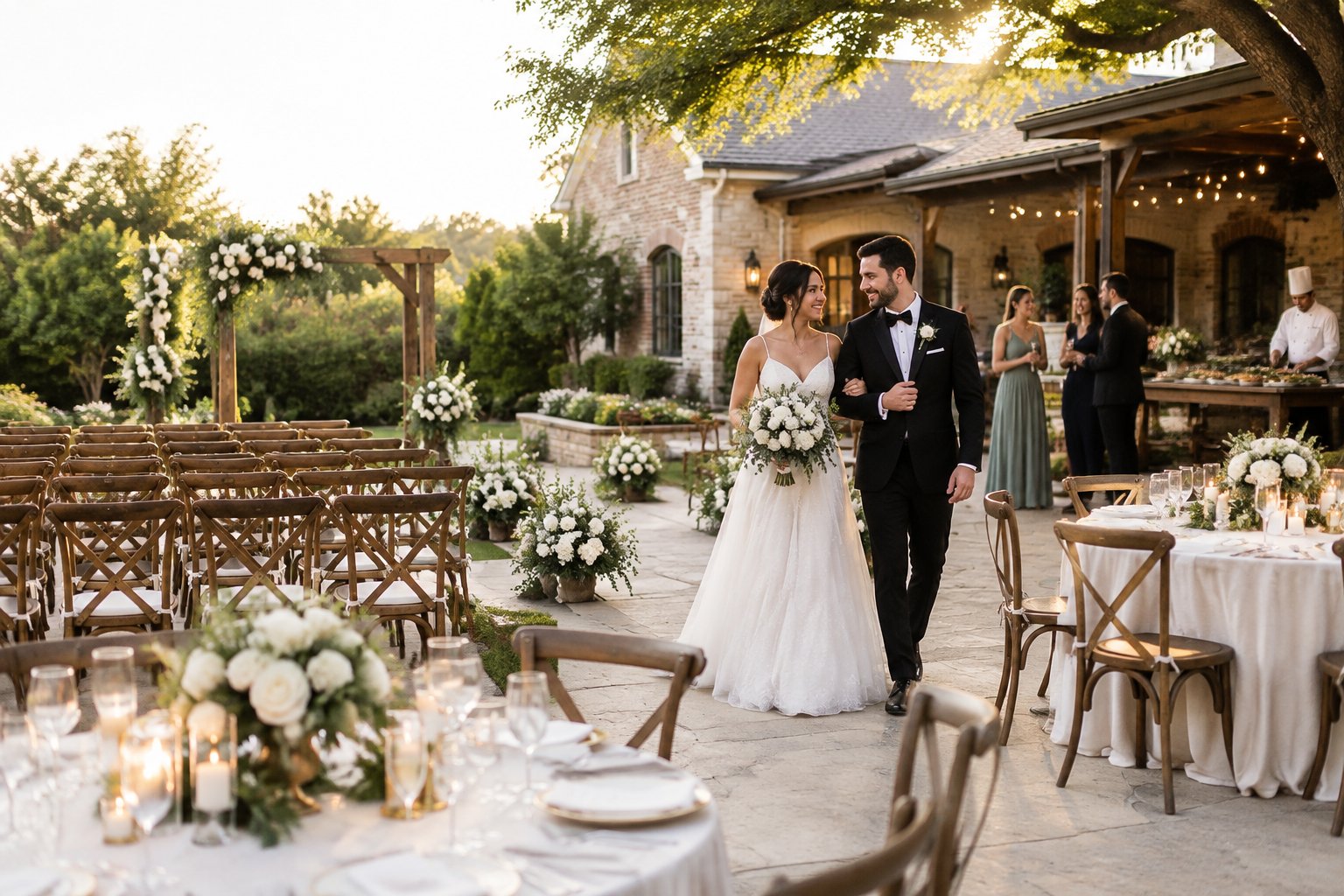 An elegant wedding ceremony and reception setup at a landscaped Texas venue with floral decorations, dressed tables, and guests celebrating.
