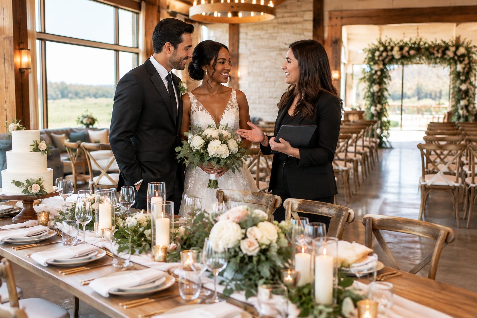 A newlywed couple consults with a wedding coordinator in an elegant reception venue.