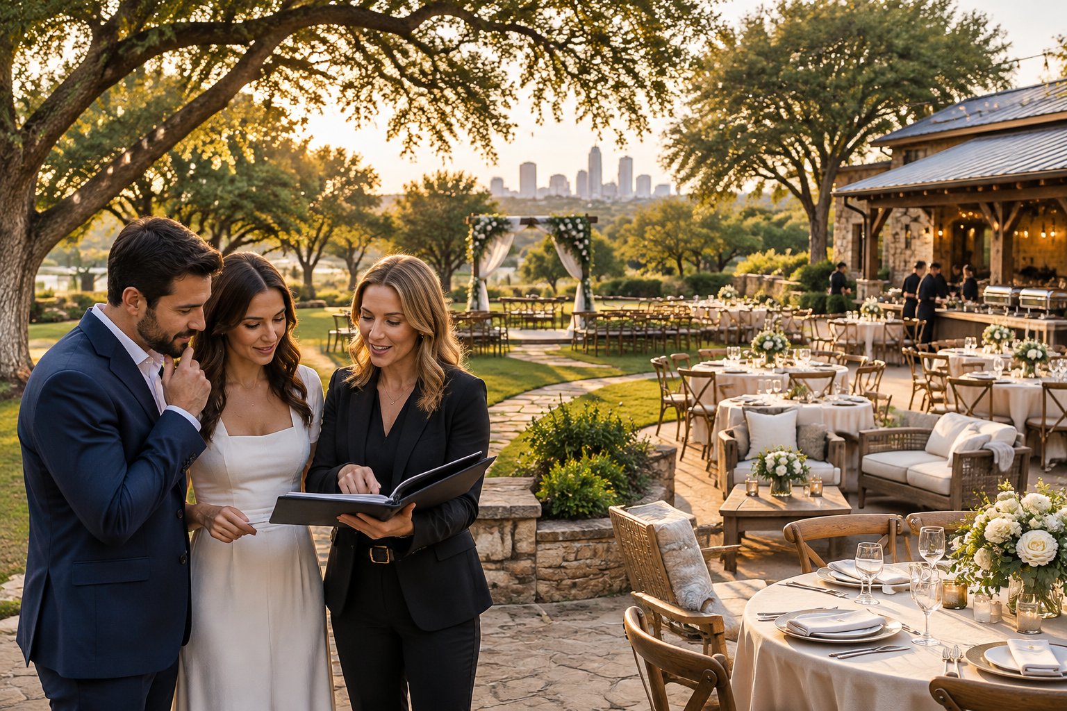 An engaged couple discusses wedding venue options with a planner at an elegant outdoor reception venue.