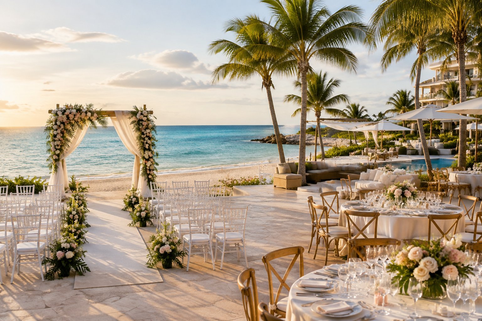An elegant beachfront wedding ceremony setup at a tropical resort in Mexico.