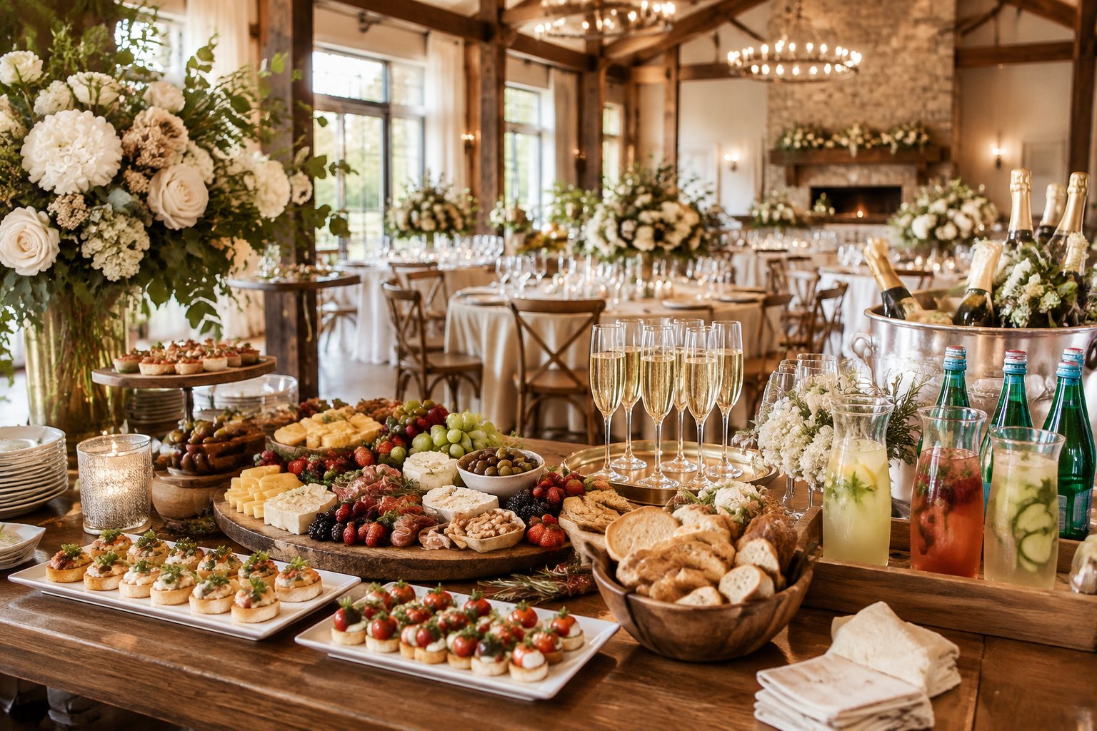 Elegant wedding reception tables with floral centerpieces, catered food, appetizers, and sparkling drinks.