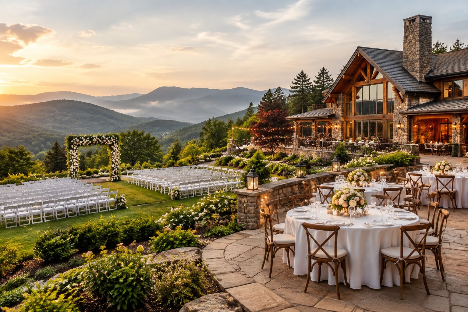 An elegant wedding venue with floral decorations, outdoor seating, and mountain views in Gatlinburg.