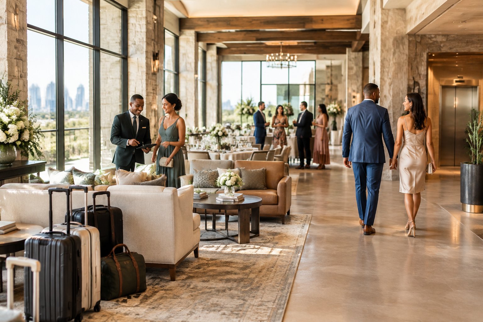 Wedding guests receive assistance with luggage in an elegant hotel venue.
