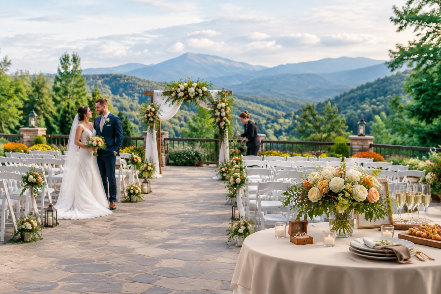 A bride and groom stand at an elegant mountain wedding venue with decorated ceremony seating and reception details.
