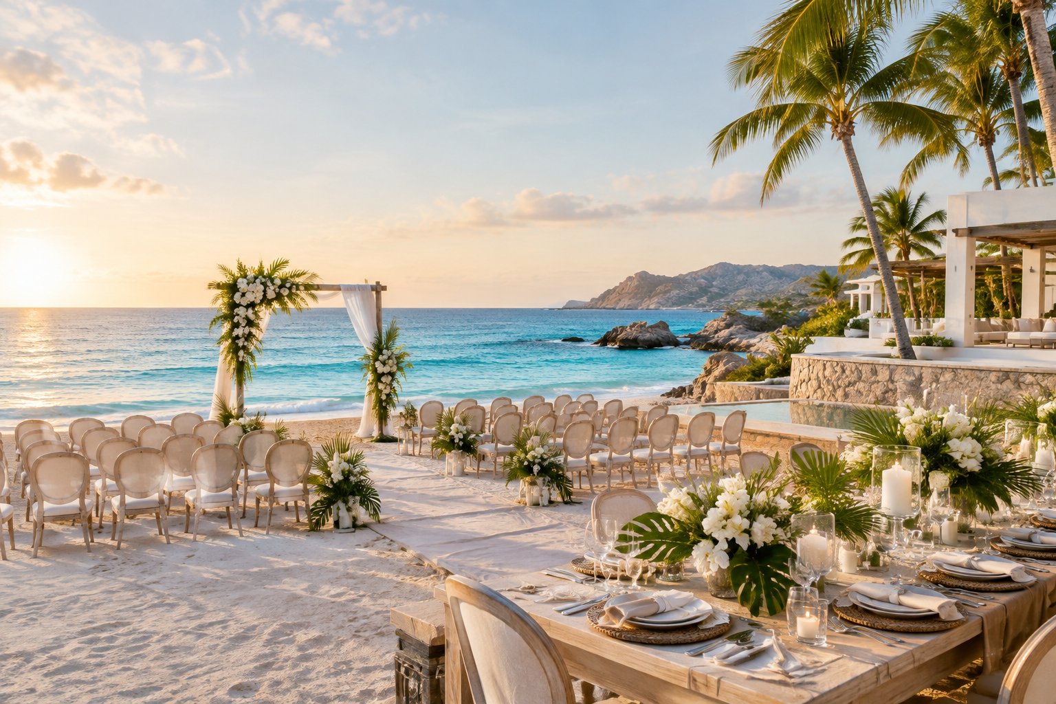 Elegant beachfront wedding setup at a Mexican all-inclusive resort overlooking turquoise water.